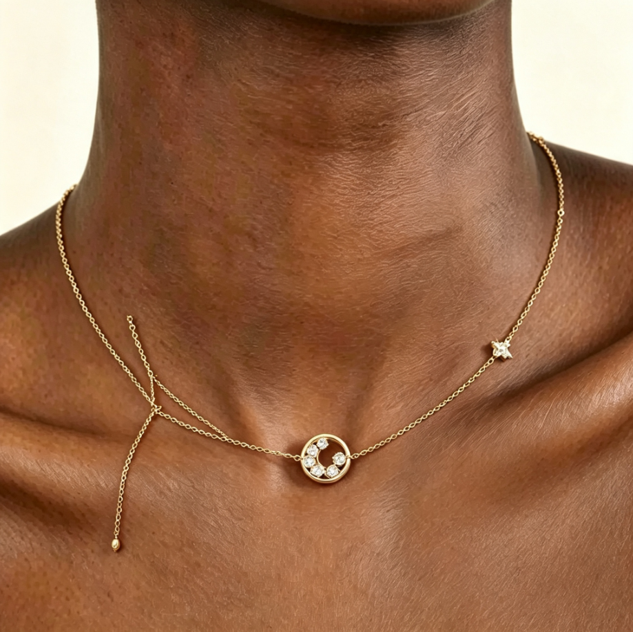 Collier Fin Cercle & Étoile en Argent 925 Plaqué Or | Pendentif Zircon Réglable