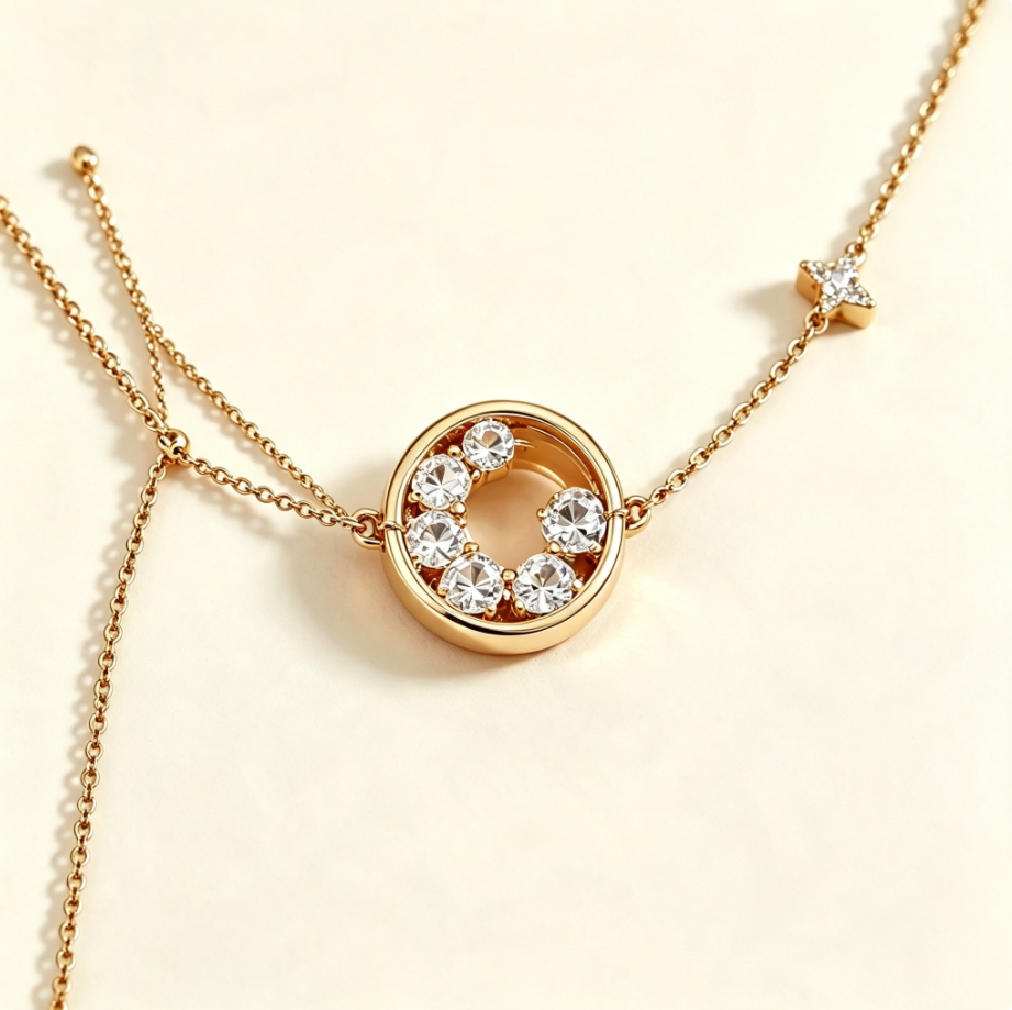Collier Fin Cercle & Étoile en Argent 925 Plaqué Or | Pendentif Zircon Réglable
