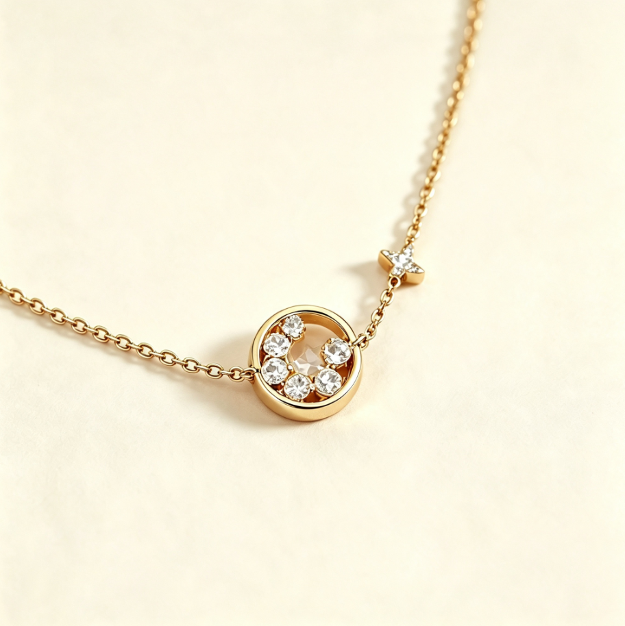 Collier Fin Cercle & Étoile en Argent 925 Plaqué Or | Pendentif Zircon Réglable
