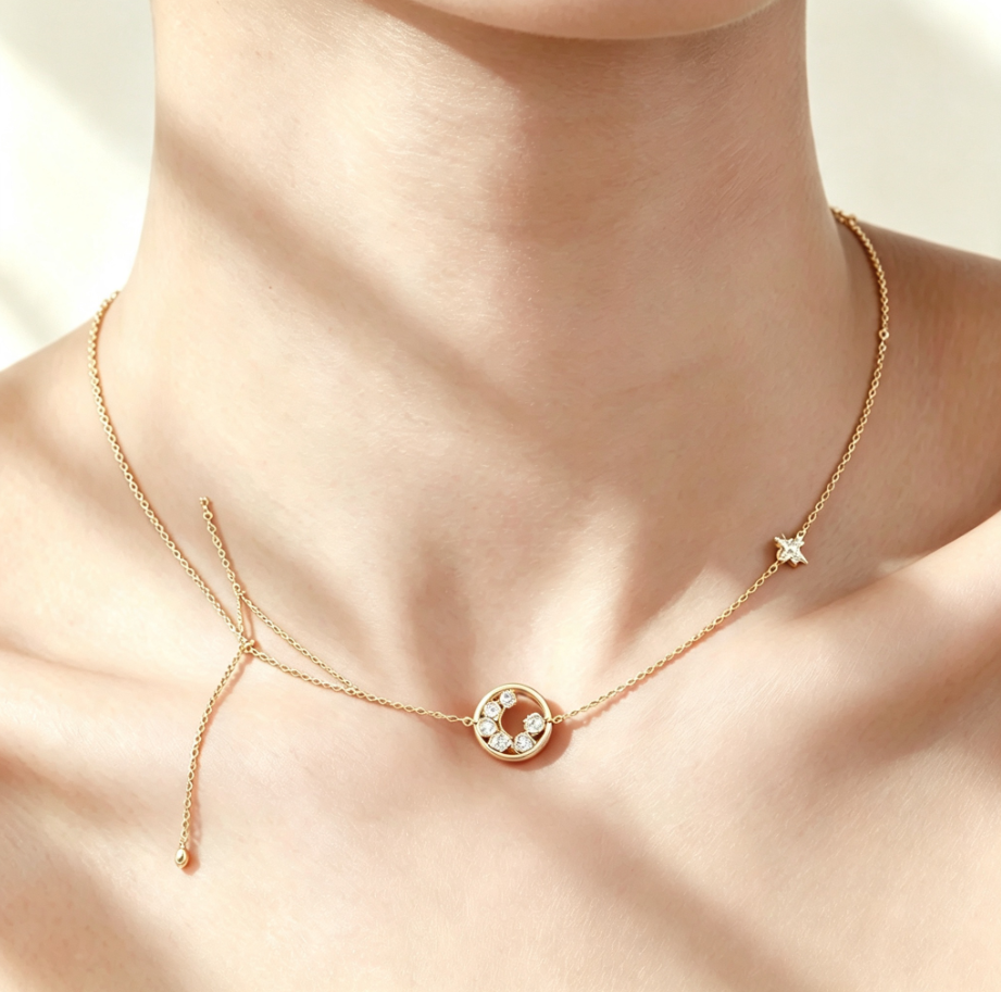 Collier Fin Cercle & Étoile en Argent 925 Plaqué Or | Pendentif Zircon Réglable