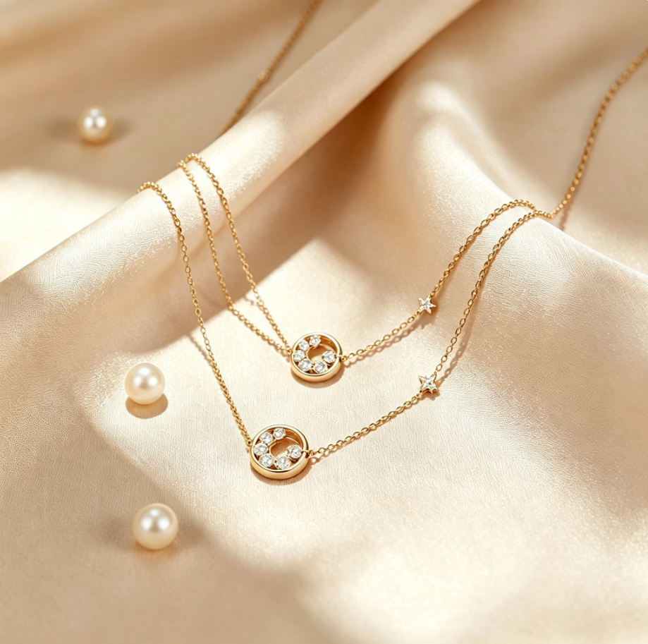 Collier Fin Cercle & Étoile en Argent 925 Plaqué Or | Pendentif Zircon Réglable