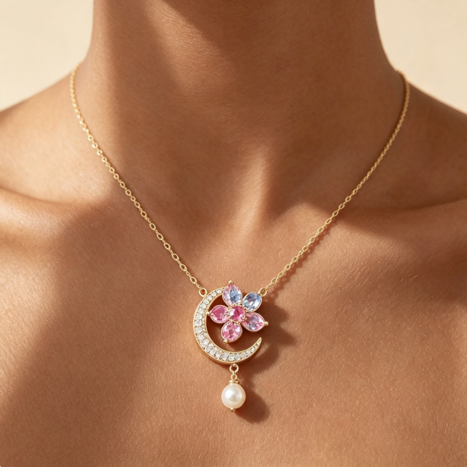 Collier Pendentif Lune‑Fleur Perle en Argent 925 Plaqué Or | Zircons Multicolores