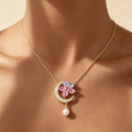 Collier Pendentif Lune‑Fleur Perle en Argent 925 Plaqué Or | Zircons Multicolores