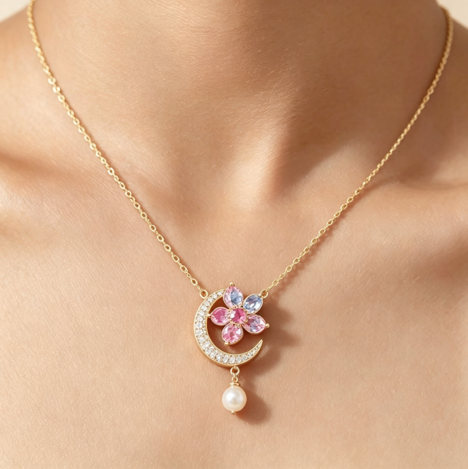 Collier Pendentif Lune‑Fleur Perle en Argent 925 Plaqué Or | Zircons Multicolores