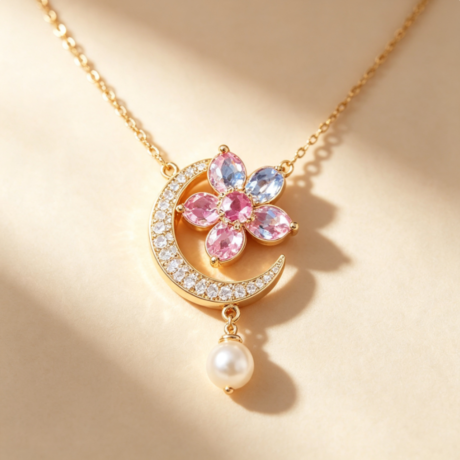 Collier Pendentif Lune‑Fleur Perle en Argent 925 Plaqué Or | Zircons Multicolores