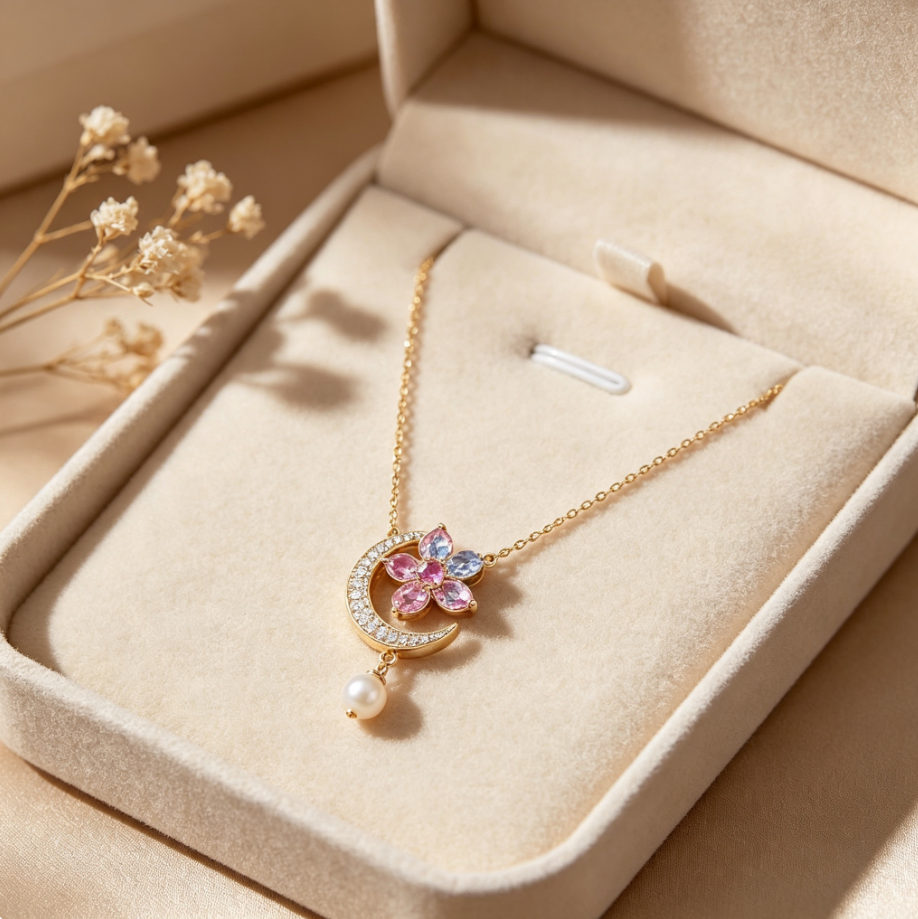 Collier Pendentif Lune‑Fleur Perle en Argent 925 Plaqué Or | Zircons Multicolores
