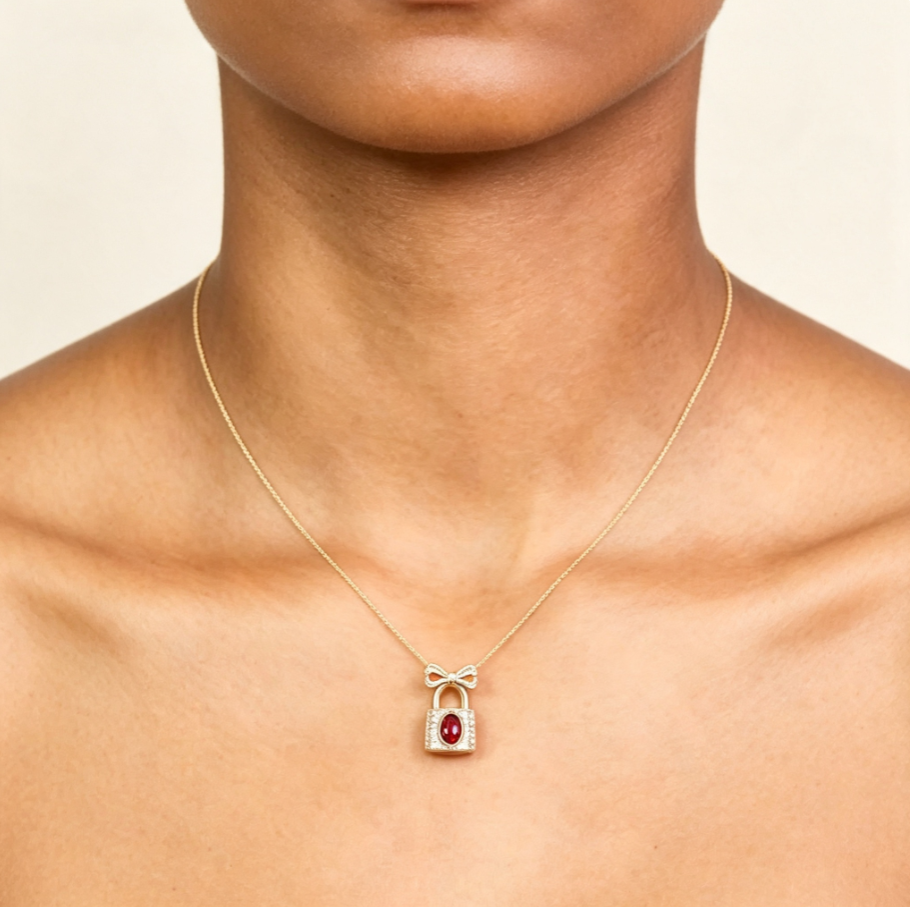 Collier Pendentif Cadenas‑Noeud Rubis en Argent 925 Plaqué Or | Chaîne Fine Réglable