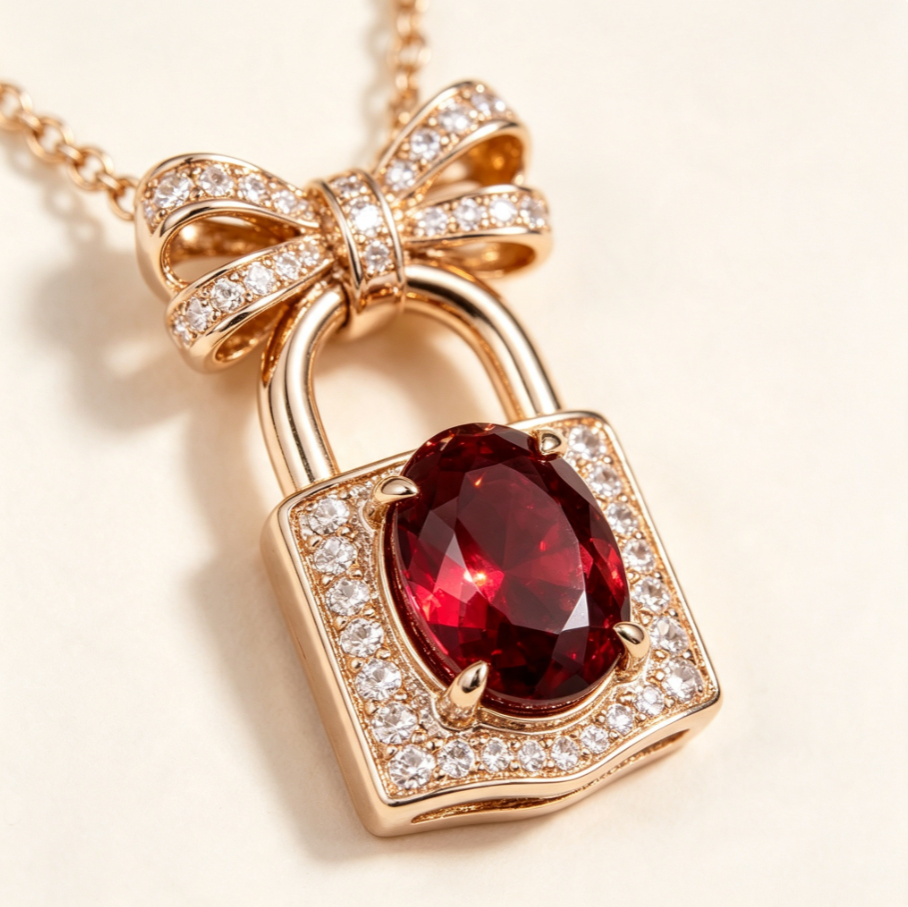 Collier Pendentif Cadenas‑Noeud Rubis en Argent 925 Plaqué Or | Chaîne Fine Réglable