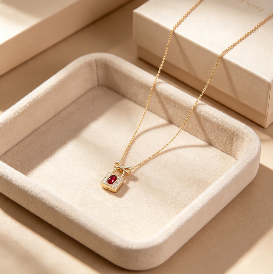 Collier Pendentif Cadenas‑Noeud Rubis en Argent 925 Plaqué Or | Chaîne Fine Réglable