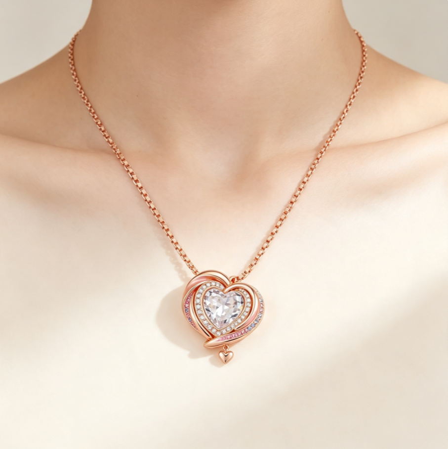 Collier Pendentif Cœur Étreint en Argent 925 Plaqué Or Rose | Zircons Multicolores Chaîne Réglable