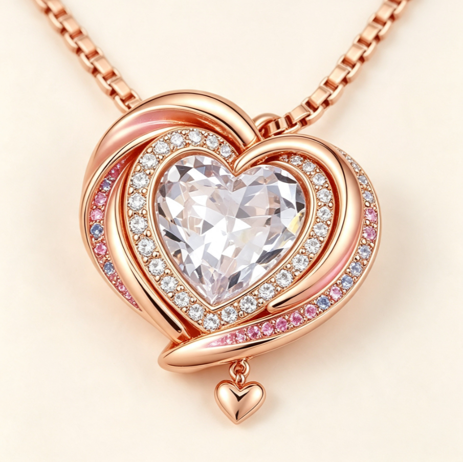 Collier Pendentif Cœur Étreint en Argent 925 Plaqué Or Rose | Zircons Multicolores Chaîne Réglable