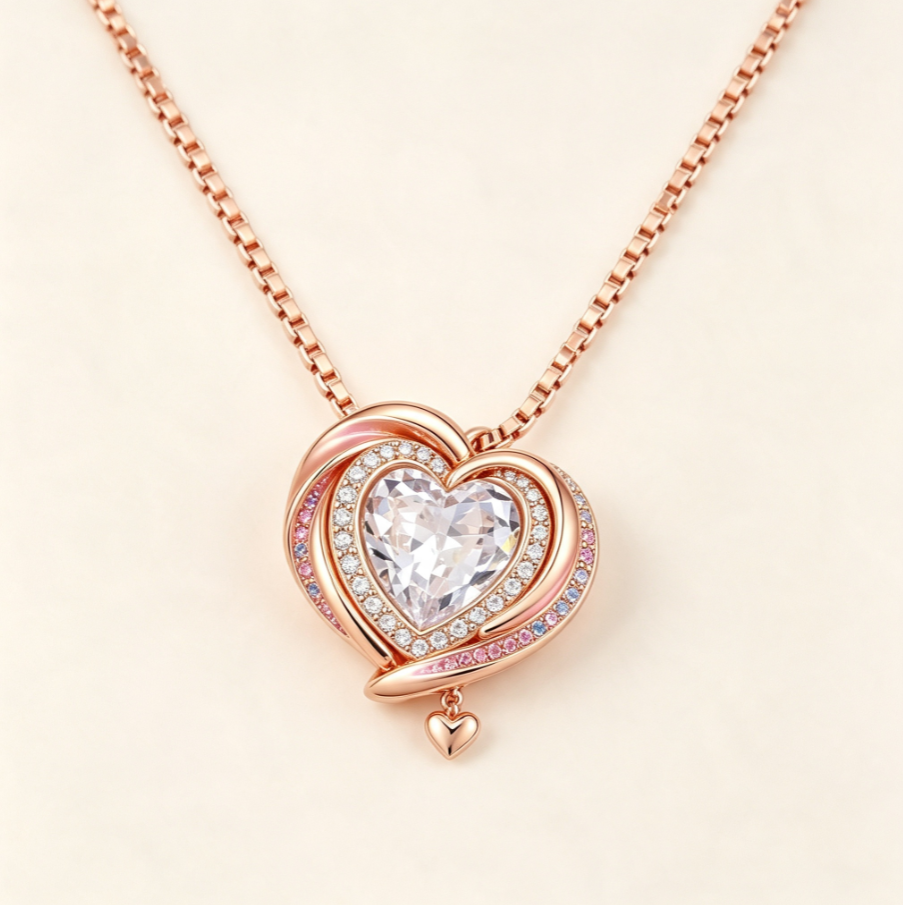 Collier Pendentif Cœur Étreint en Argent 925 Plaqué Or Rose | Zircons Multicolores Chaîne Réglable