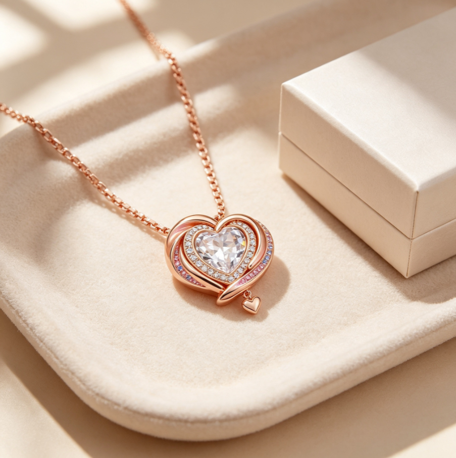Collier Pendentif Cœur Étreint en Argent 925 Plaqué Or Rose | Zircons Multicolores Chaîne Réglable