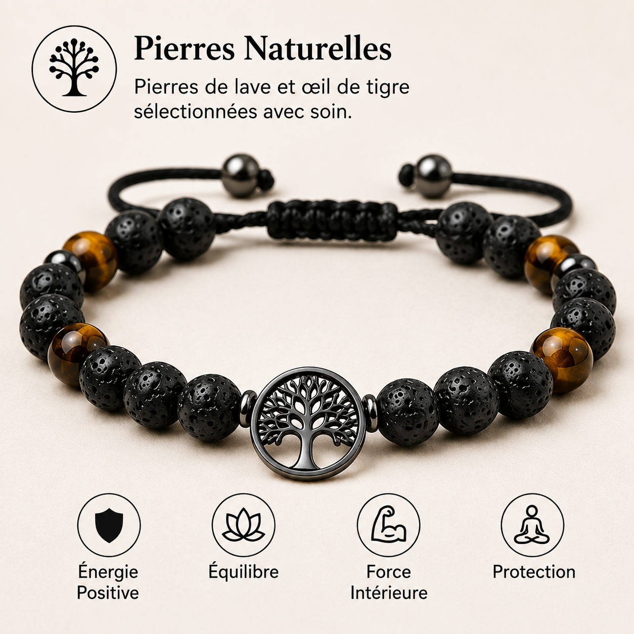 Bracelet réglable pour homme en pierres naturelles avec pendentif « Arbre de vie » — Un cadeau inspirant